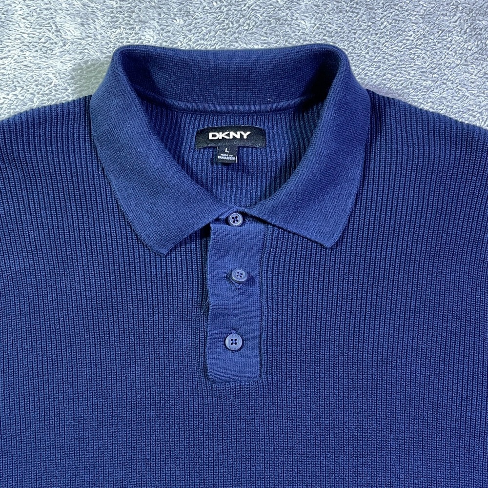 DKNY Men Navy Blue Short Sleeve‎ Ribbed Knit Polo Shirt Size Large